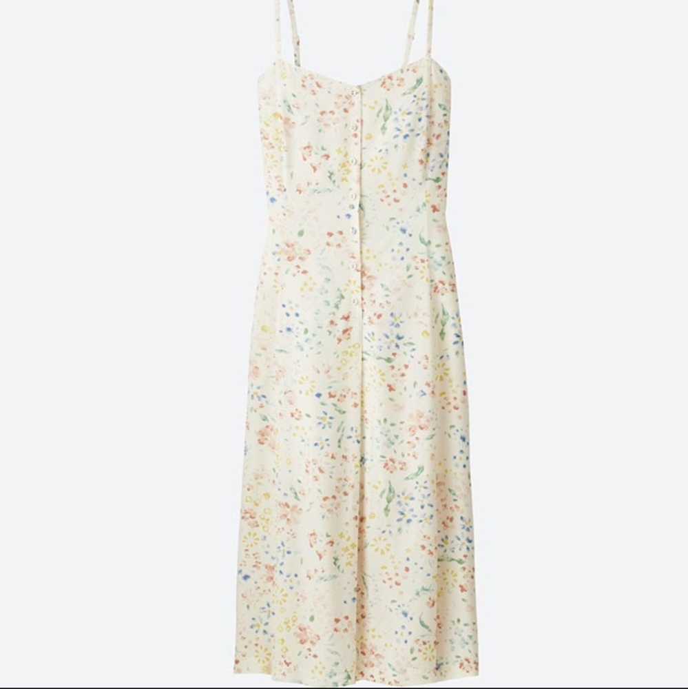 Uniqlo Cream Floral Midi Dress with Pastel Accents